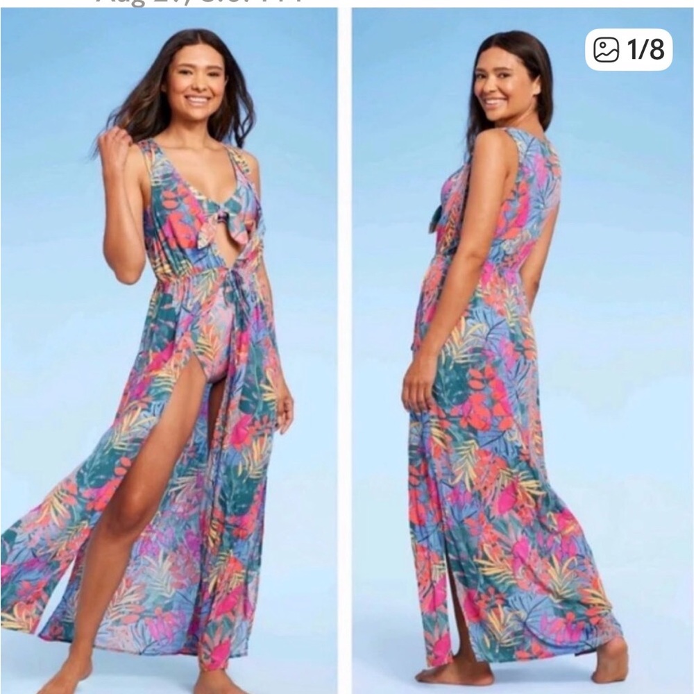 Kona Sol Beach Cover Up Womens L/XL Multicolor Excellent Tropical Front Tie Maxi